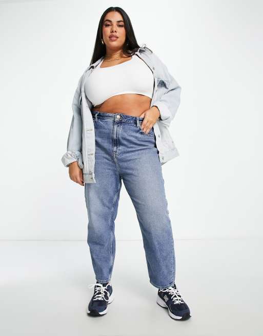 River Island Plus high rise mom jean in blue | ASOS