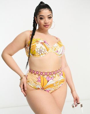 River Island Plus balconette bikini top and bottom in tropical orange print