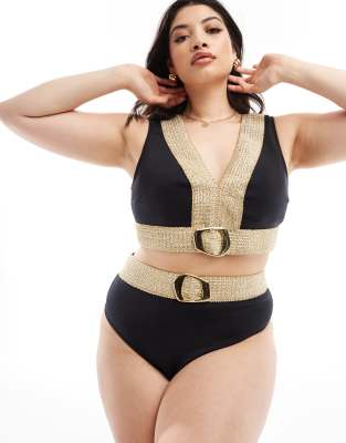 River Island Plus high waisted bikini bottom with buckle detail in gold and black 7.00 Grazia