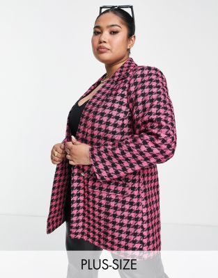 River Island Plus houndstooth check boucle blazer in pink