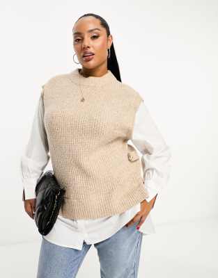 River Island Plus River Island Plus hybrid shirt sleeve jumper in beige-Neutral