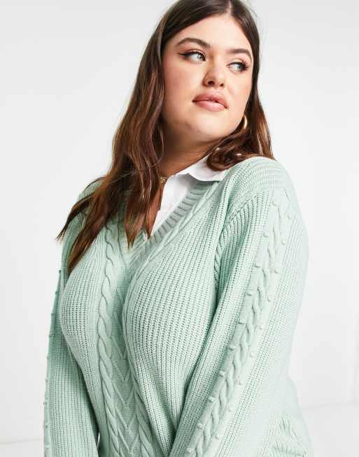 River Island Plus hybrid sweater with bobble sleeve in green