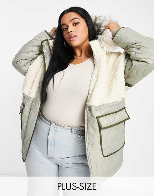 River Island Plus hybrid teddy borg jacket in khaki | ASOS