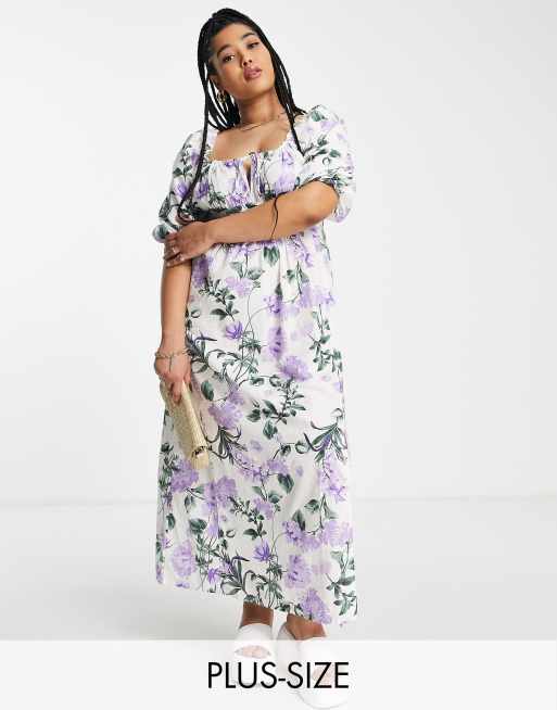 River Island Plus – Jasnofioletowa sukienka midi milkmaid w kwiatowy wzór