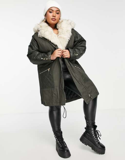 River Island Plus – Kakifärgad parkas med fuskpälsfoder