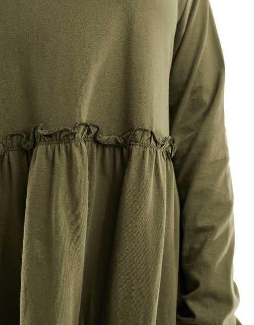 River Island Plus - Kakifarvet minikjole med smock og lange ærmer i flere niveauer, 2 af 4
