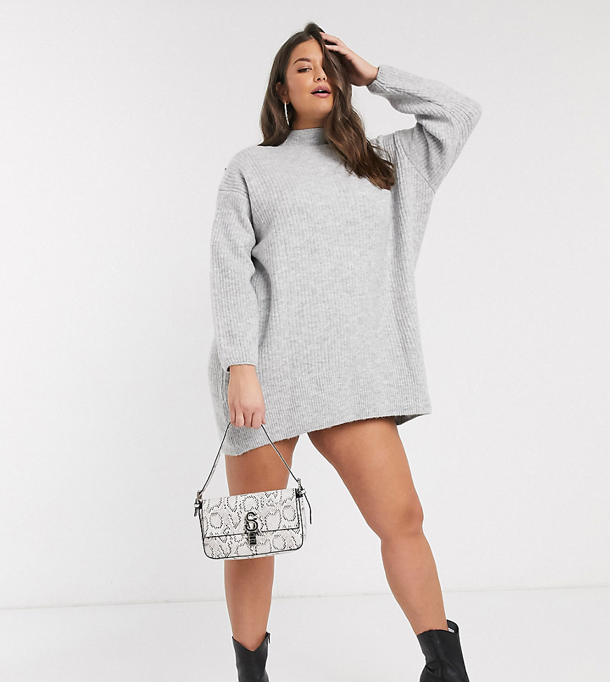 River Island Plus knitted dress with shoulder button detail in gray-Grey