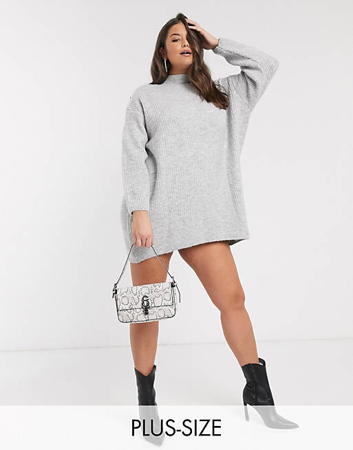 River Island Plus knitted dress with shoulder button detail in gray