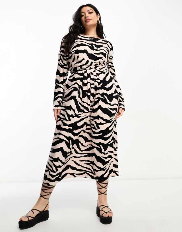 River Island Plus - knot back midi dress in beige animal print