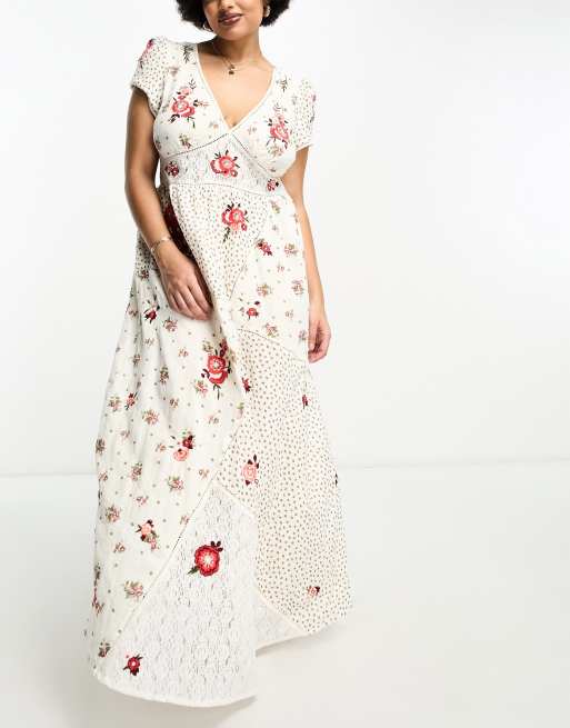 River Island Plus – Kremowa sukienka maxi w haftowany kwiatowy wzór patchworkowy