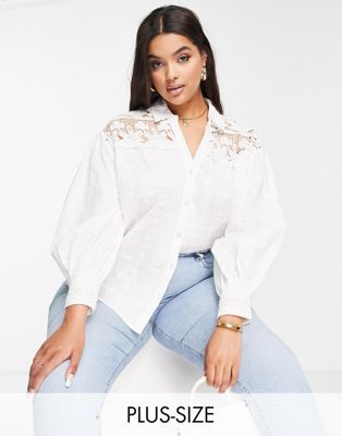 River Island Plus lace detail shirt in white