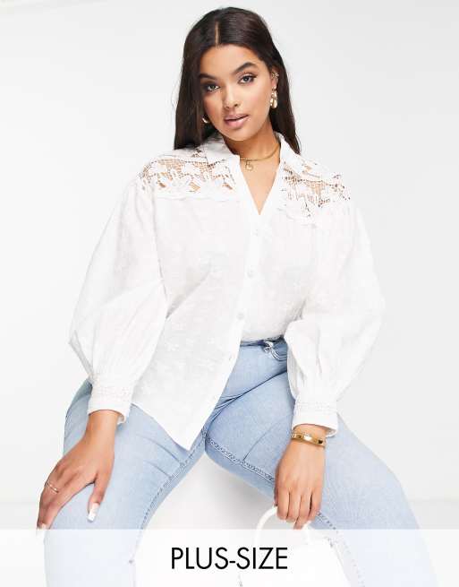 River Island Plus lace detail shirt in white |