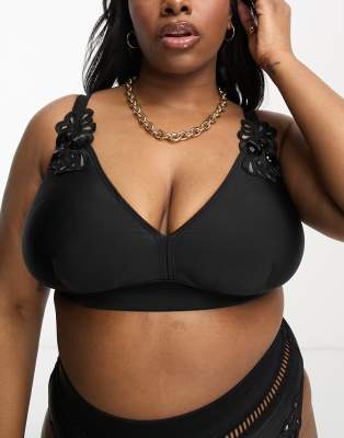River Island Plus River Island Plus lace trim bikini top in black
