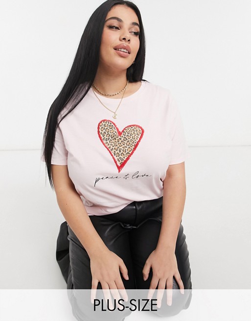 River Island Plus leopard heart graphic t-shirt in pink