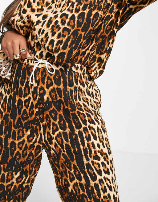 River Island Plus leopard print satin pyjama shirt co-ord in brown, 3 of 4
