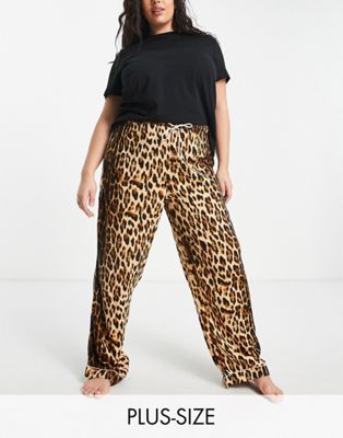 River Island Plus leopard print satin pyjama trouser co-ord in brown
