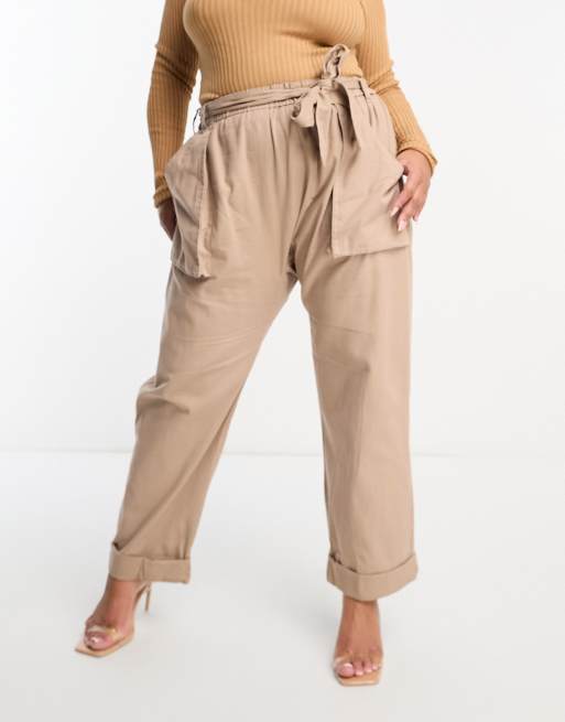 River Island Plus linen belted utility pants in beige
