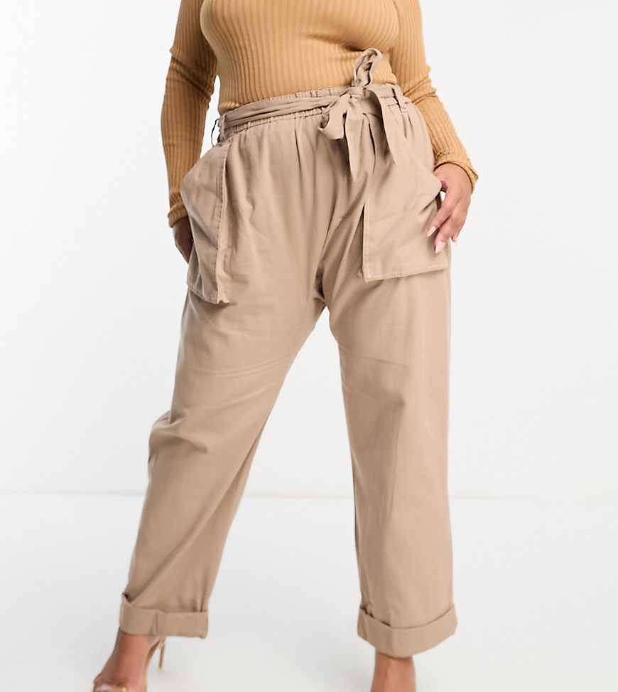 River Island Plus linen mix belted utility trousers in beige-Neutral
