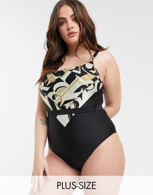 River Island Plus Logo Swimsuit In Black Asos