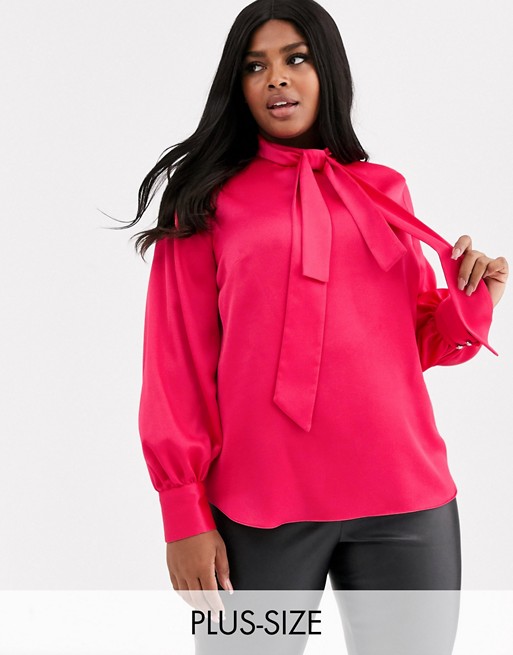 River Island Plus long sleeve pussybow blouse in pink