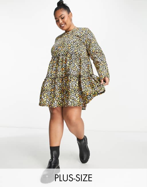 River Island Plus long sleeve tiered smock mini t-shirt dress in brown ...