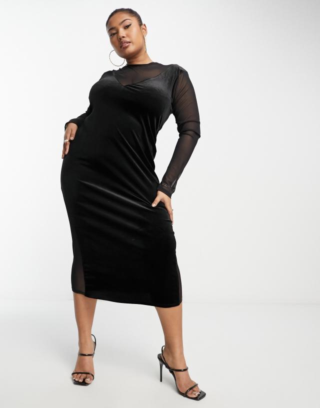 River Island - plus long sleeve velvet midi dress in black