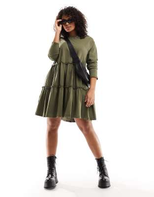River Island Plus River Island plus long sleeved tiered smock dress in khaki-Green