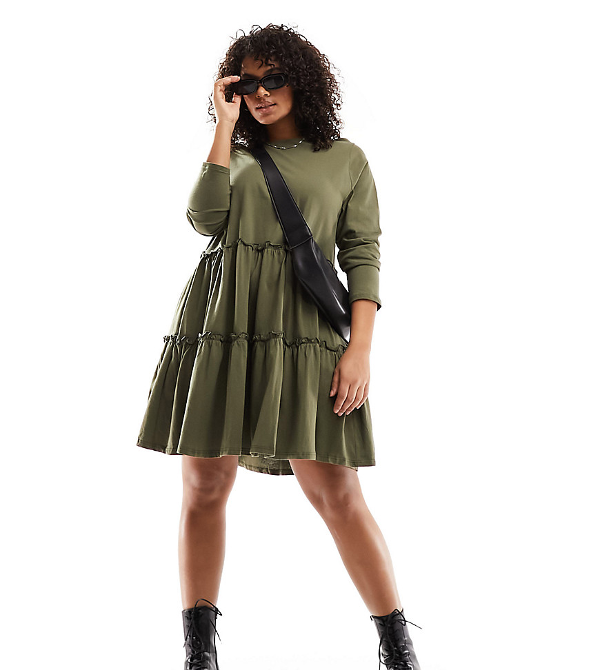 River Island plus long sleeved tiered smock dress in khaki-Green
