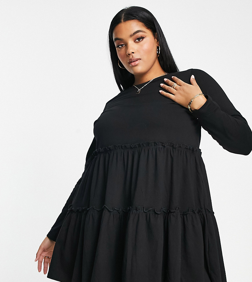 River Island Plus long sleeved tiered smock mini T-shirt dress in black