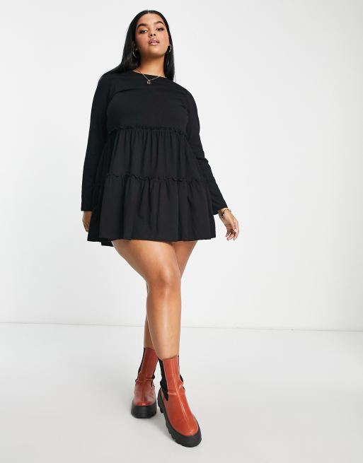 River Island Plus long sleeved tiered smock mini T-shirt dress in black |  ASOS