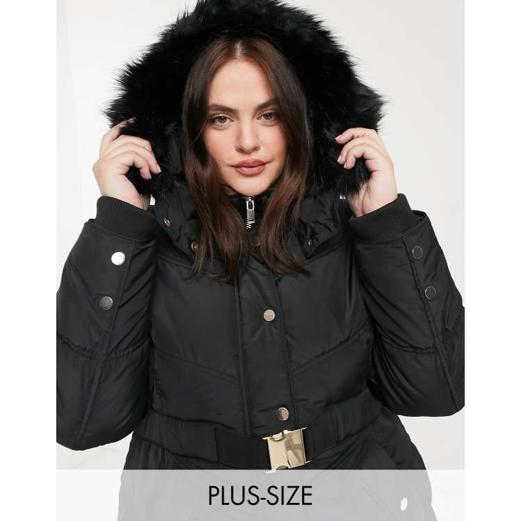 River Island monogram padded belted jacket with faux fur hood in brown