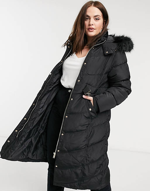 River Island Plus padded belted coat with fur hood black | ASOS