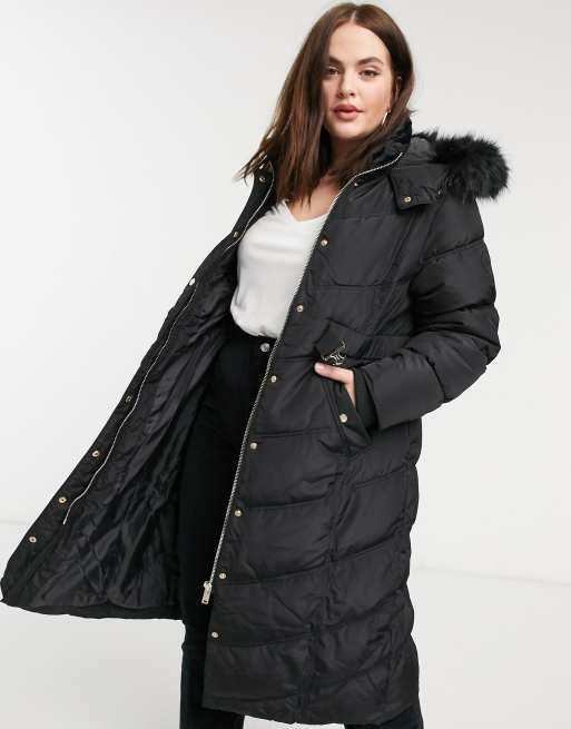 River island longline padded belted coat with faux fur hood in black new arrivals