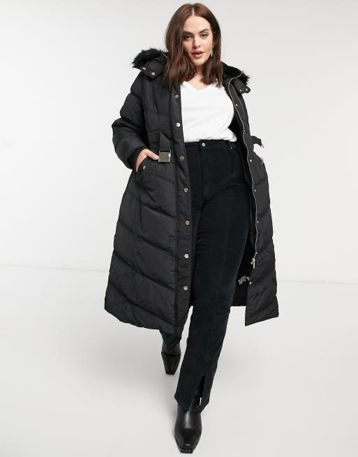 River Island Plus longline padded belted coat with faux fur hood in black