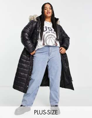 River Island Plus longline padded jacket with faux fur hood in black - ASOS Price Checker