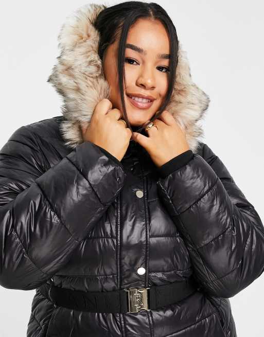 River island longline quilted padded store jacket with fur hood in black