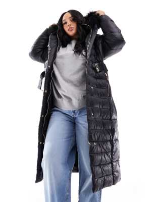 River Island Plus Maxi Belted Puffer With Faux Fur Hood In Black