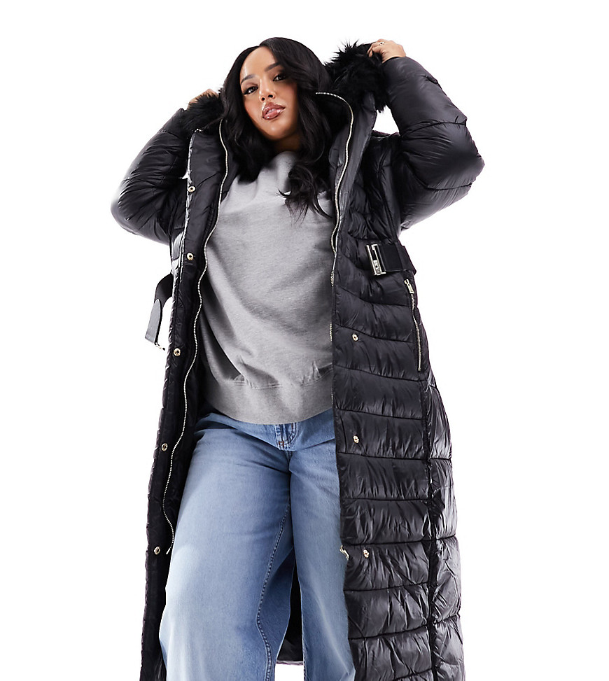 River Island Plus Maxi Belted Puffer With Faux Fur Hood In Black