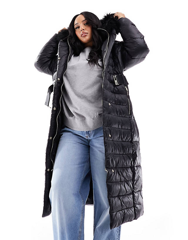 River Island Plus - maxi belted puffer with faux fur hood in black