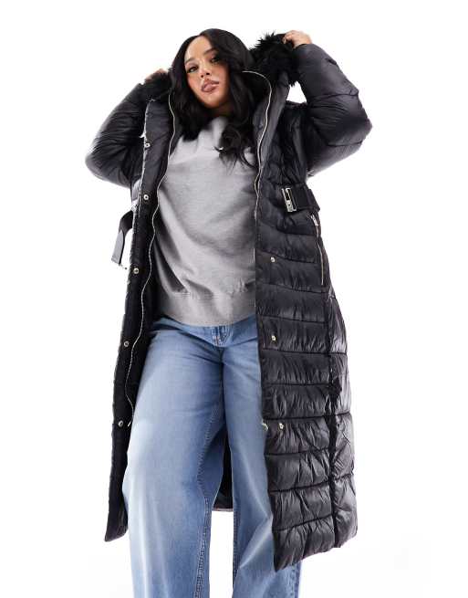 Belted puffer jacket sale with fur hood