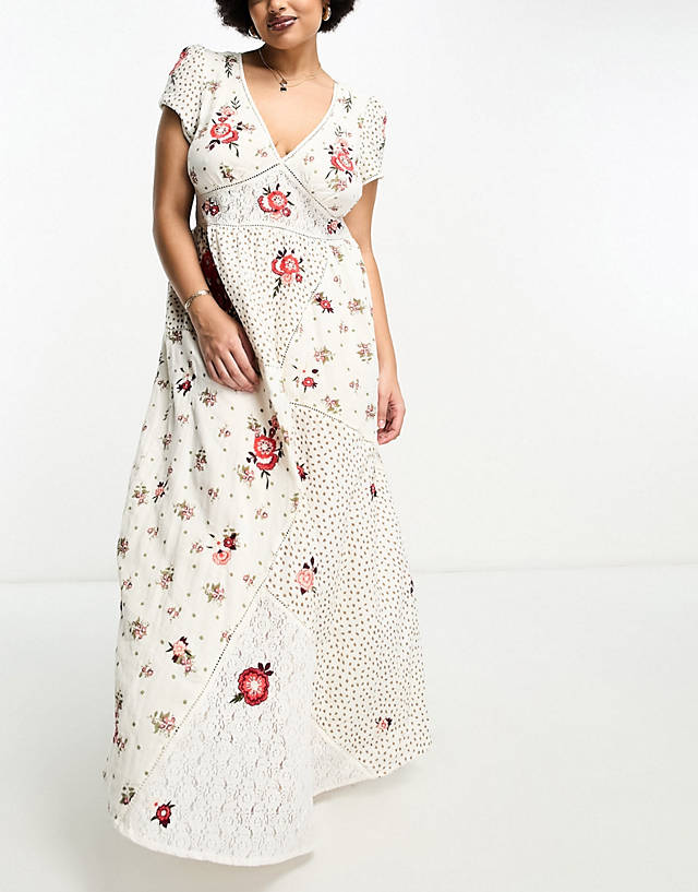 River Island Plus - maxi dress with pathwork embroidery in cream floral