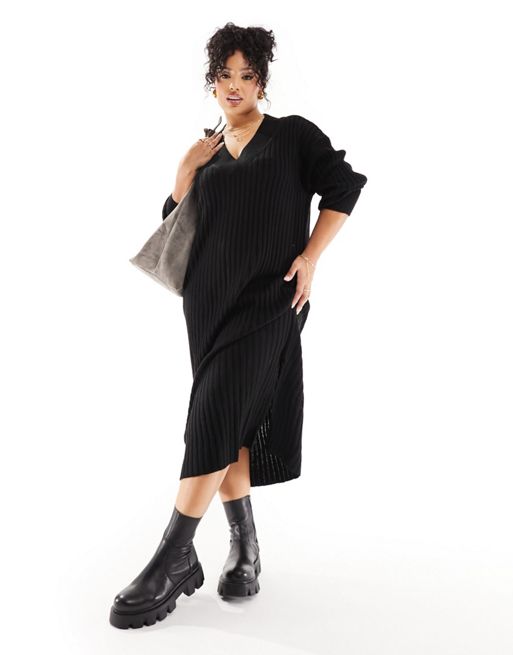 River Island Plus - Maxi jurk van geribbeld breisel in zwart