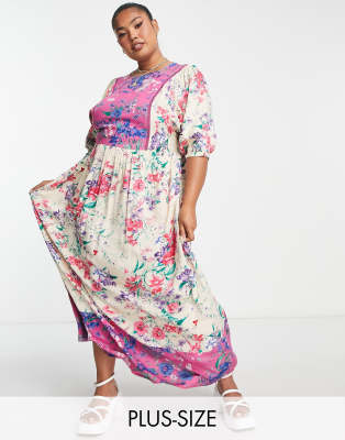 River Island Plus - Maxikleid in Rosa mit Blumenmustermix