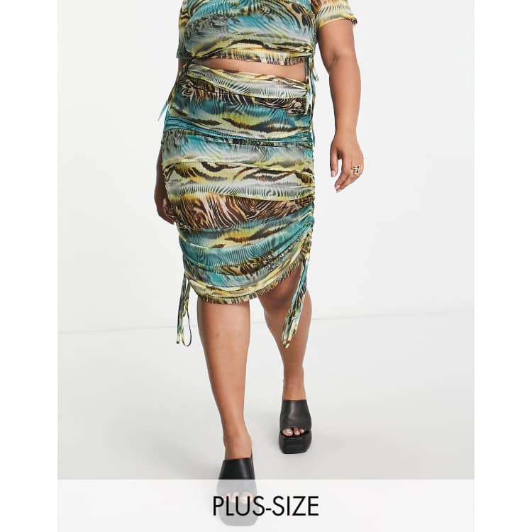 River Island Plus mesh ruched midi skirt in blue part of a set