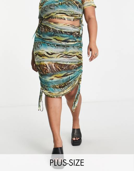 River Island Plus mesh ruched midi skirt in blue - part of a set