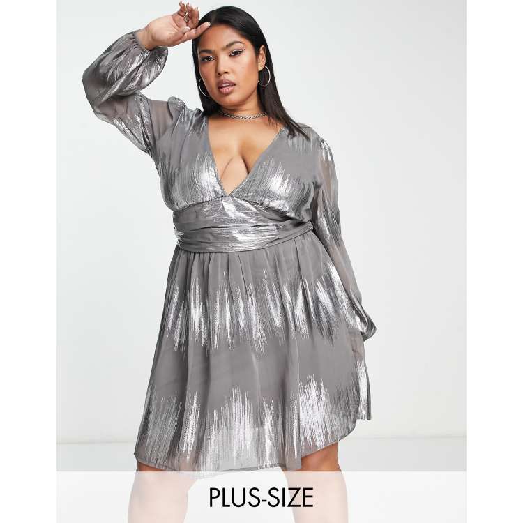 River Island Plus metallic thread mini dress in silver ASOS