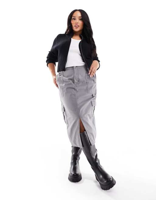 River Island Plus - Midi cargorok in grijs met wassing