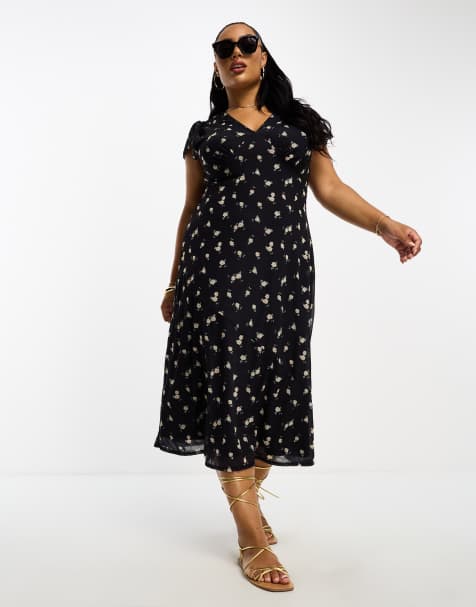 River Island Plus – Midi-Freizeitkleid in Schwarz mit Rüschenärmeln - view 1