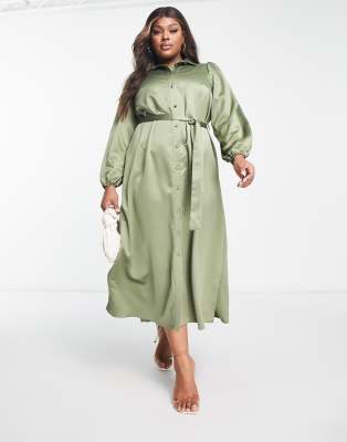 River Island Plus - Midi-Hemdblusenkleid in Khaki mit Bindegürtel-Grün