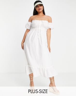 River Island Plus - Midi-Strandkleid in Weiß mit Bardot-Ausschnitt